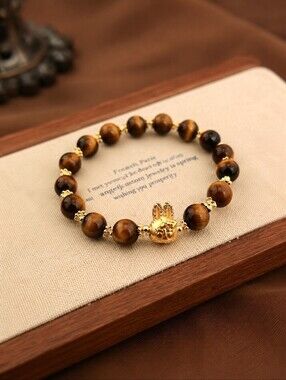 Labubu Tiger Eye Beaded Bracelet Gold Kawaii Stretch Charm Bracelet